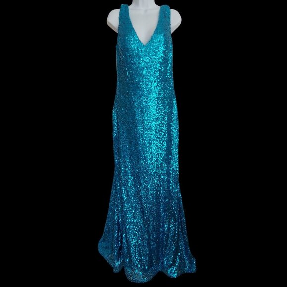 Morgan & Co Aqua Marine Mermaid Prom Formal Sequin Sparkly Gown Mesh Dress 11 - Picture 2 of 14